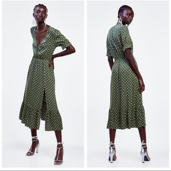 ZARA green polka dot midi dress XS - Picture 3 of 3